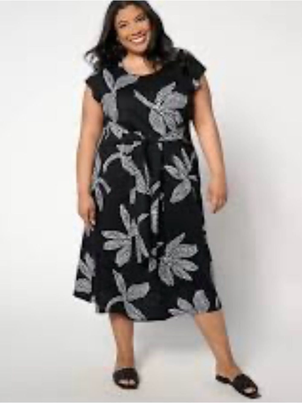 Denim & Co cotton tie back black and white floral print maxi dress size 2X